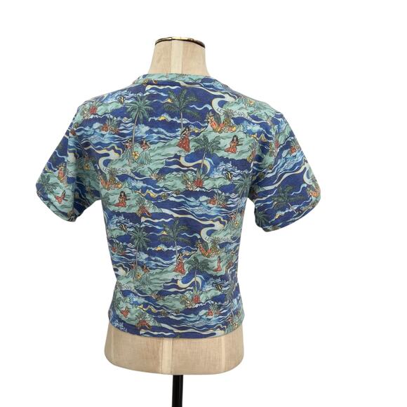 Le Superbe Fringed Tee Shirt Short Sleeve Hawaiian Print Blue Size Small - Picture 8 of 10